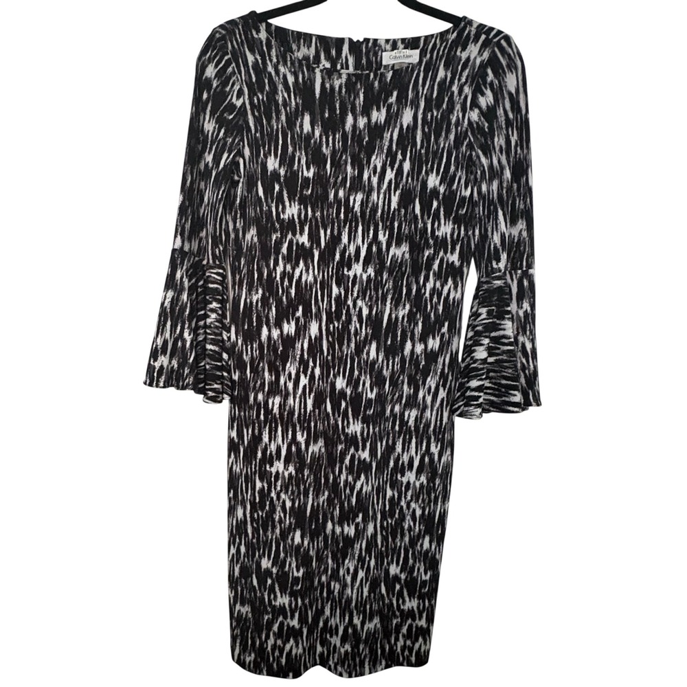 Calvin Klein Sheath Dress Womens 4 Black White Excellent Bell Sleeve CD8A333E